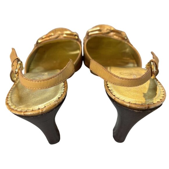 Cole Haan Tan Croc-Embossed Leather Gold Tone Buckle Slingback Heels Size 10B - Picture 5 of 8
